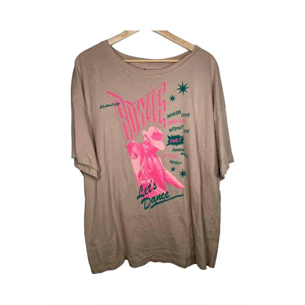 David Bowie Tan Graphic T-Shirt with Pink and Green Design XXL